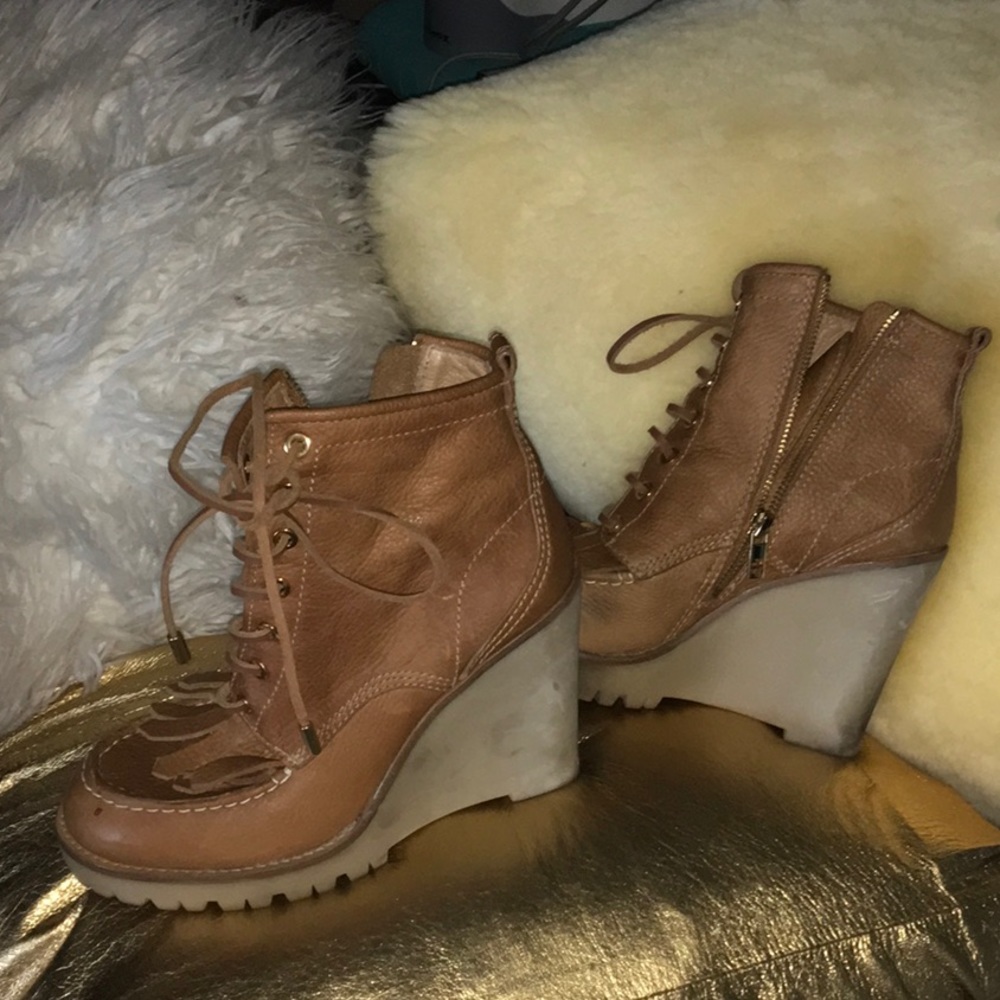 Tory Burch camel colored wedge boots..,
